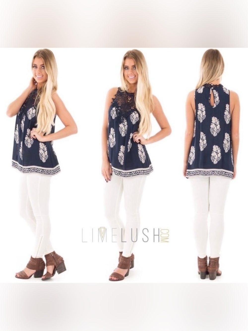 Navy and Taupe Floral Print Tank with Lace Detail (L)